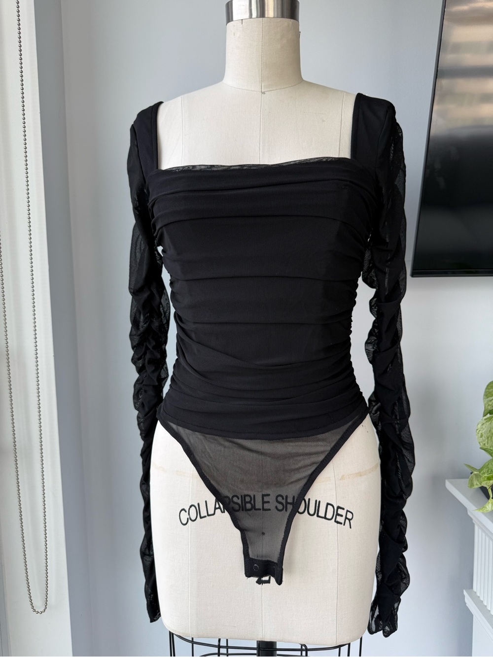 Black Square-Neck Sheer Bodysuit - Picture 1 of 6
